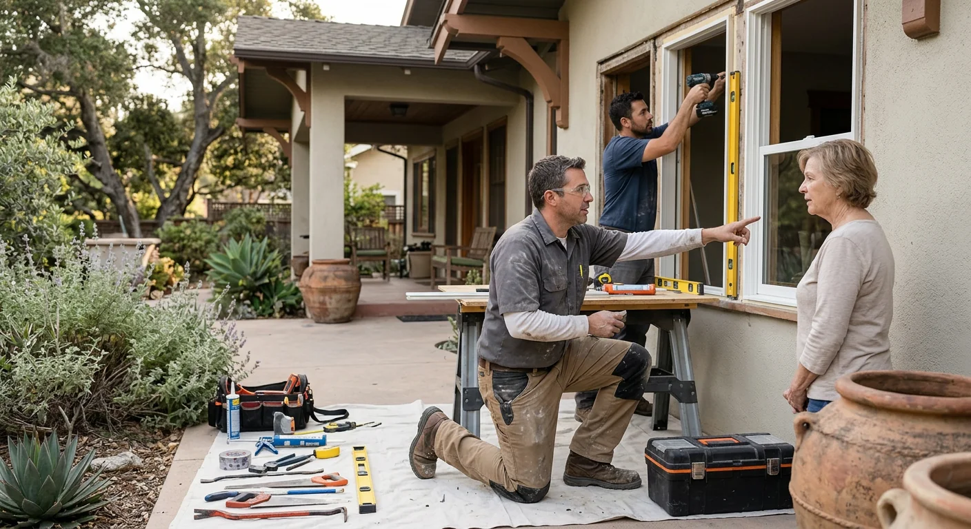 Contractor measuring a double hung window opening in an Altadena home