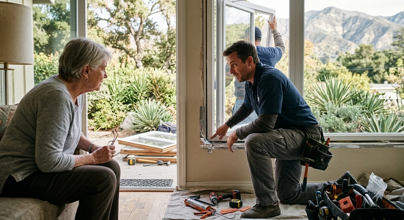 Technician measuring a double hung window for replacement in an Altadena home