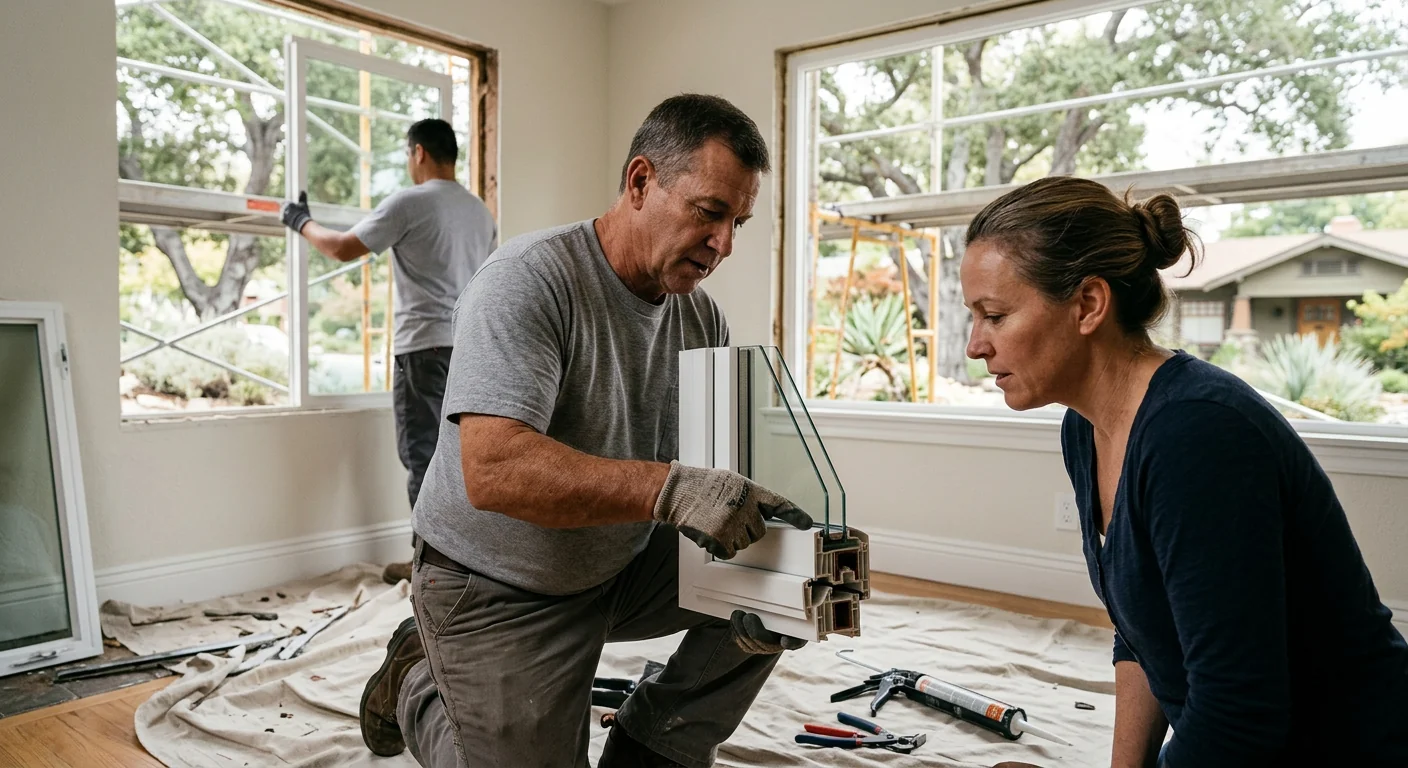 Installer setting a new double hung window level in an Altadena living room