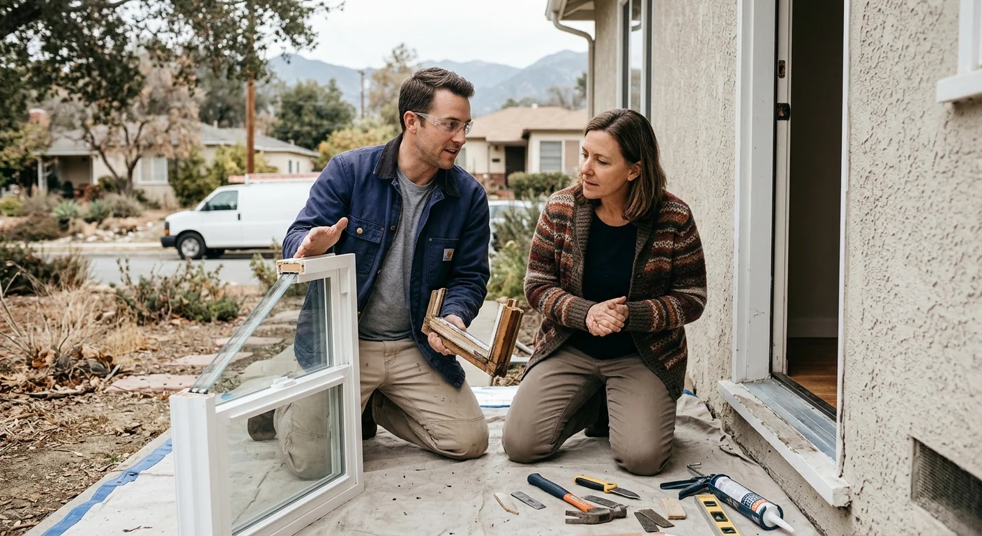 Installer measuring a home window opening during an energy efficient replacement estimate in Altadena