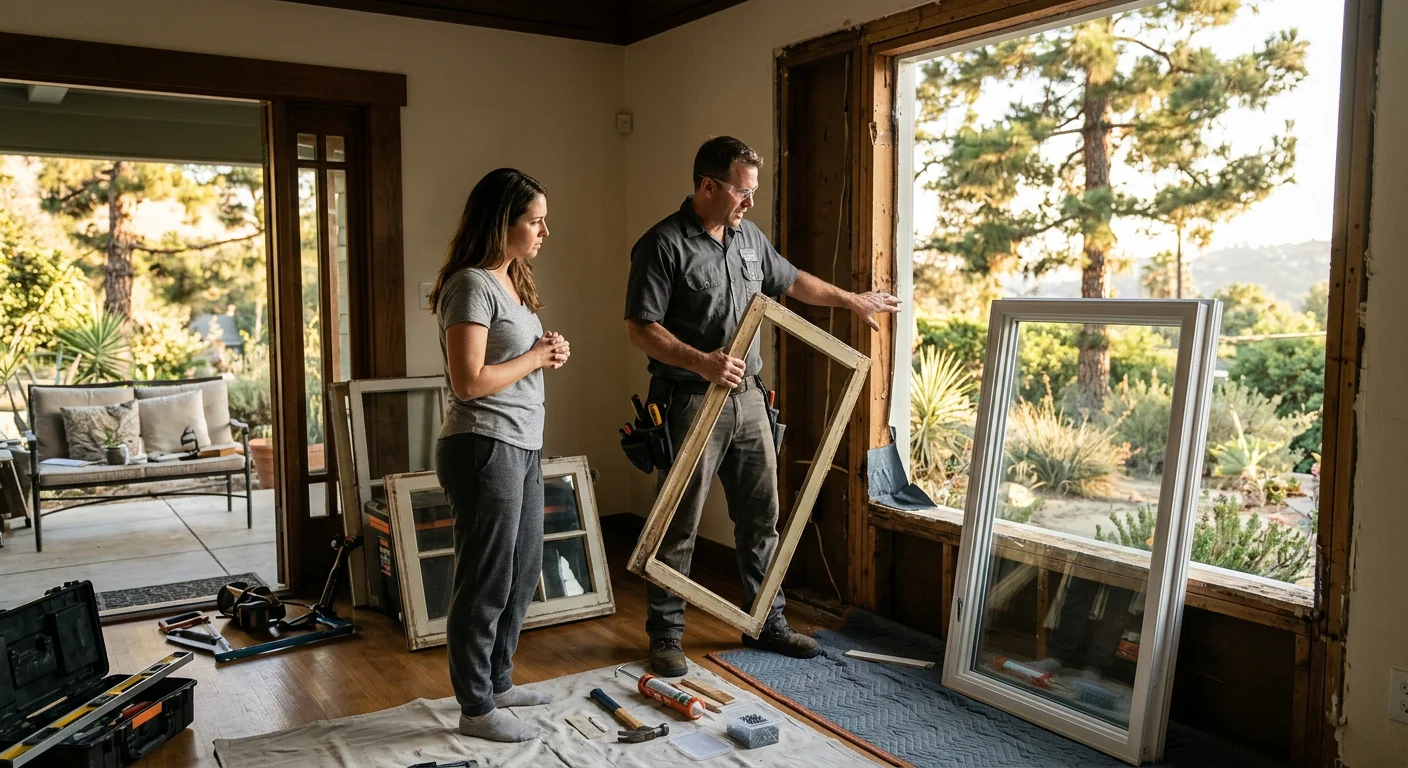 Homeowner reviewing energy efficient window options during an Altadena consultation appointment