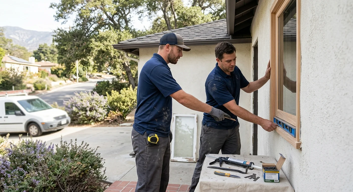 Technician measuring a sliding glass door opening in an Altadena home