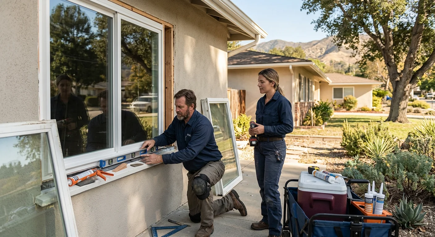 Homeowner reviewing sliding glass door replacement options with installer in Altadena living room