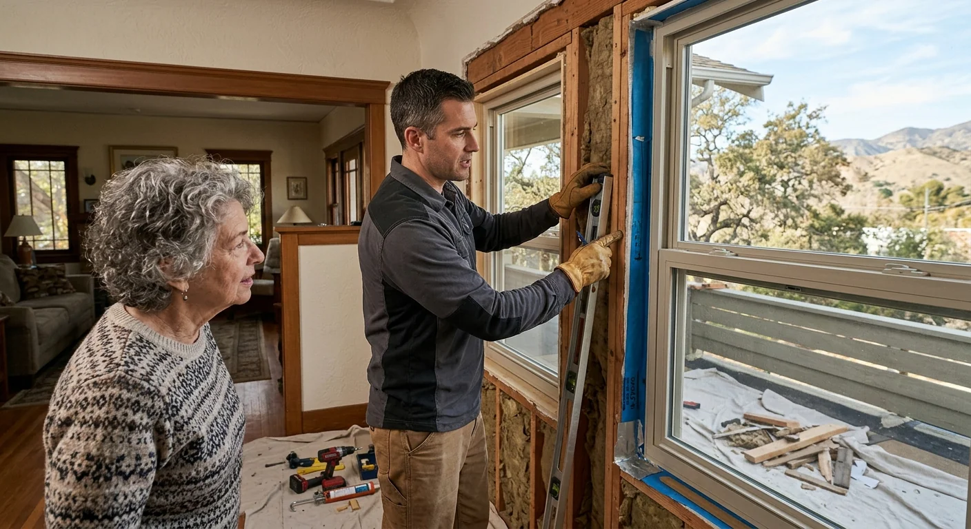 Installer adjusting a new sliding glass door panel in an Altadena living room
