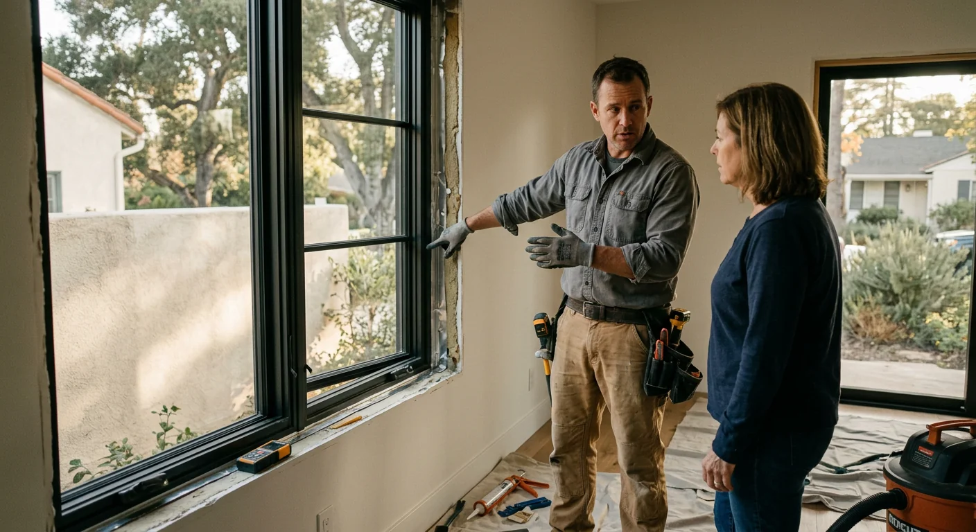 Technician measuring a window pane during a glass replacement estimate in Altadena