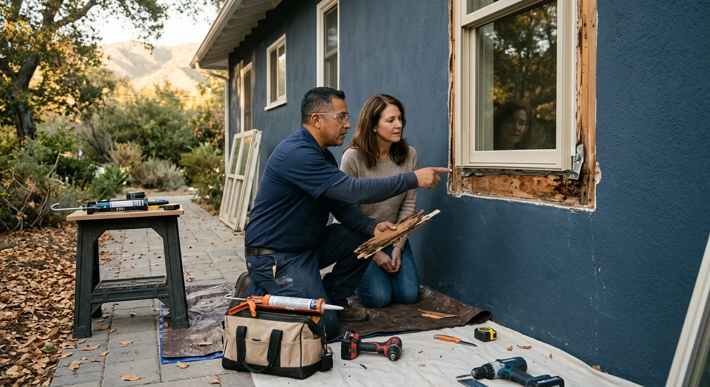 Technician measuring a window pane for glass replacement in an Altadena home