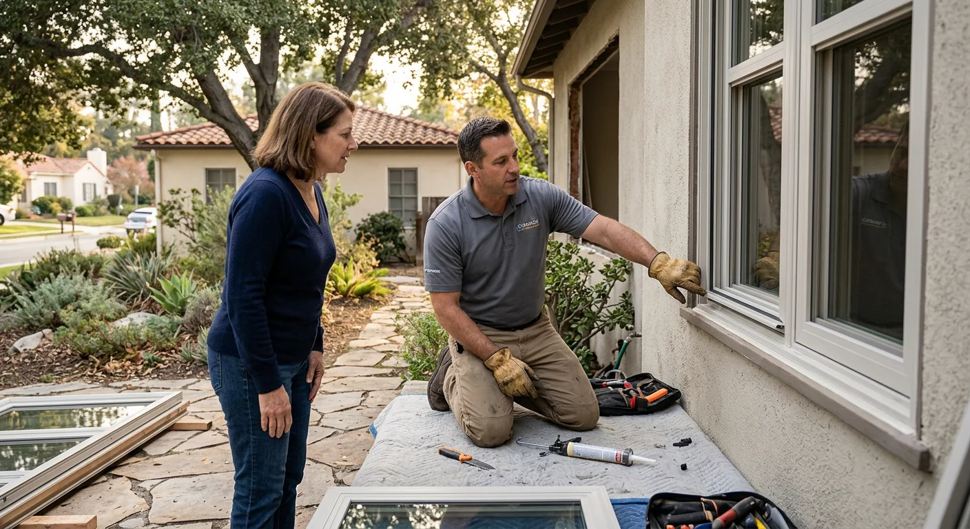 Close-up of a fogged double-pane window showing a failed seal in Altadena
