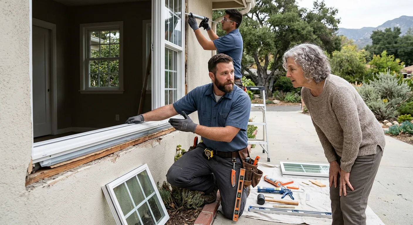 Installer setting a new insulated glass pane into a residential window frame
