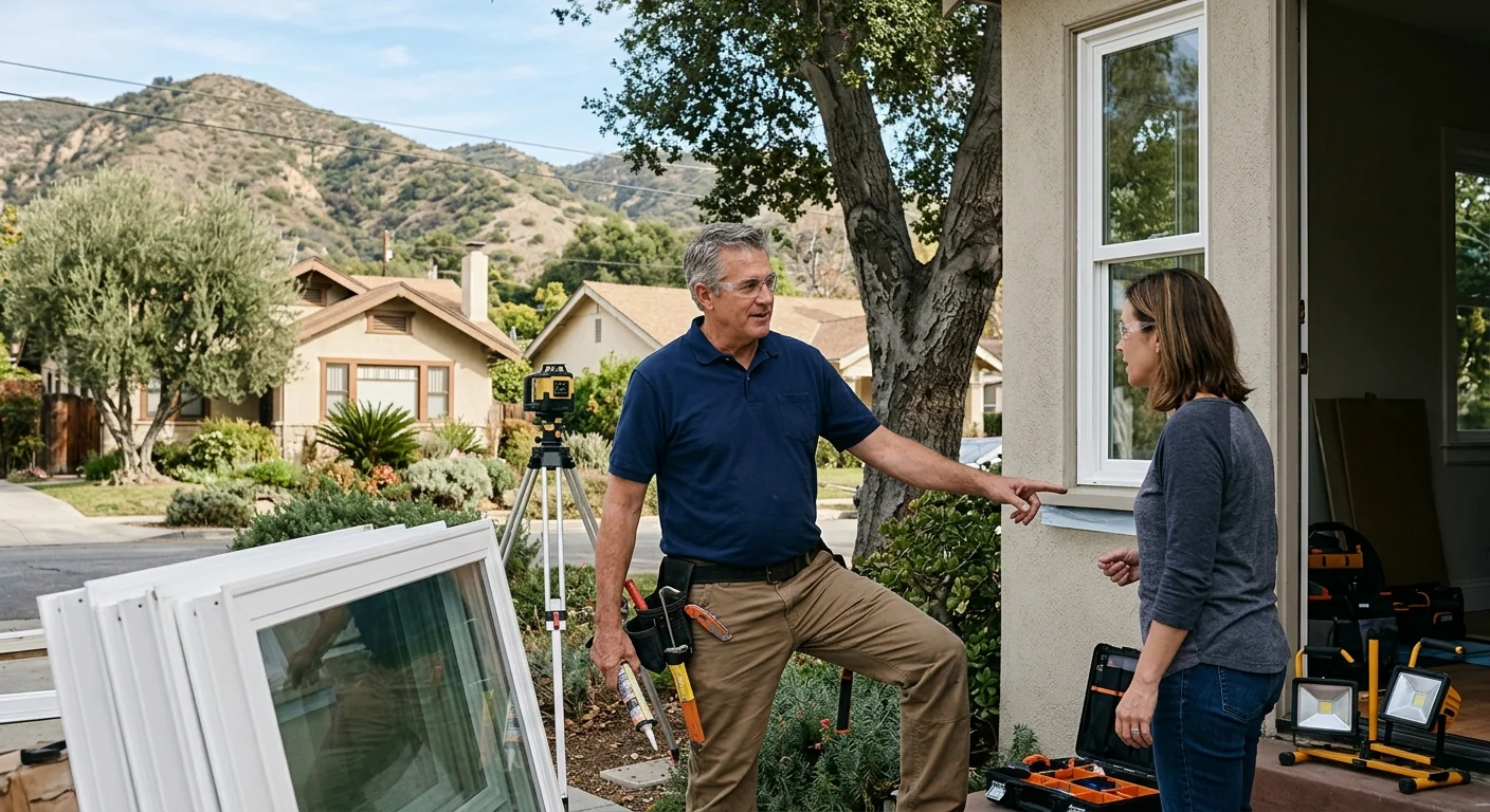 Technician inspecting a damaged double-hung window frame in an Altadena home