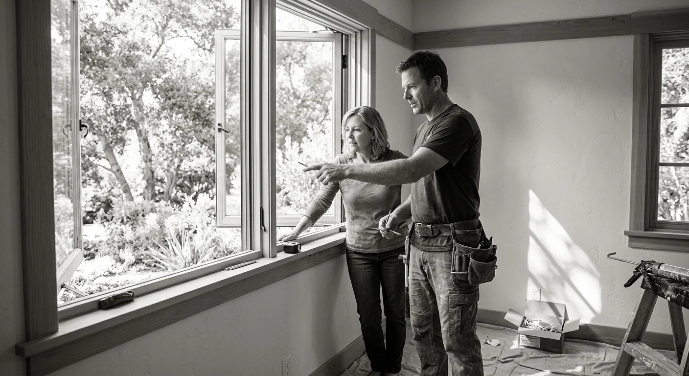 Technician inspecting a window frame during a repair estimate at an Altadena home