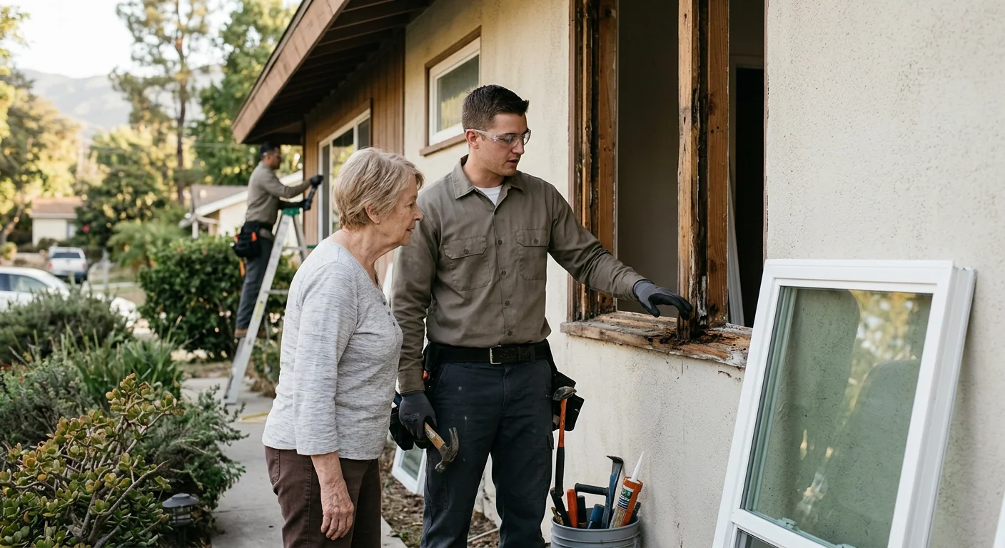 Technician repairing a wooden sash window on an Altadena craftsman home