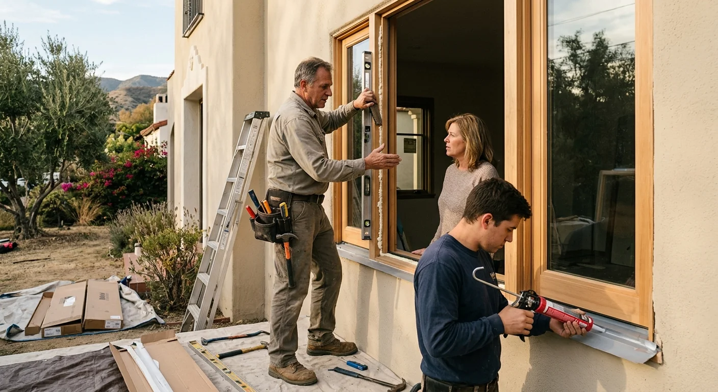 Technician measuring a replacement window frame inside an Altadena home during installation