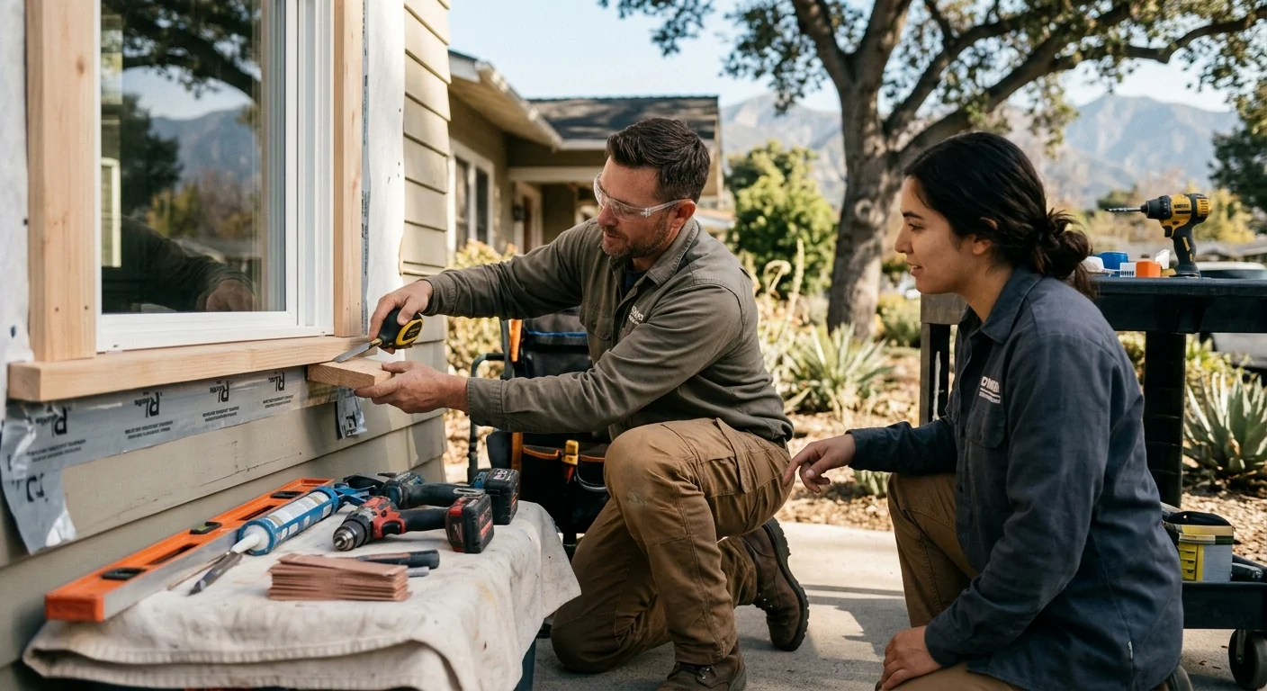 Window installer reviewing a completed replacement with an Altadena homeowner indoors