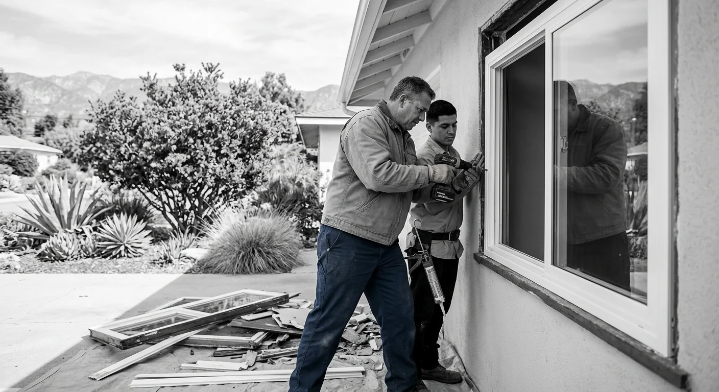 Window replacement specialist reviewing project details with an Altadena homeowner at the front door
