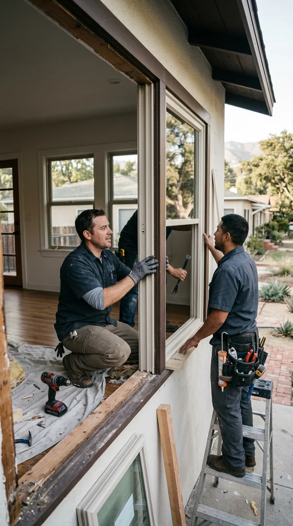 Homeowner and window specialist reviewing energy efficient replacement options inside an Altadena living room