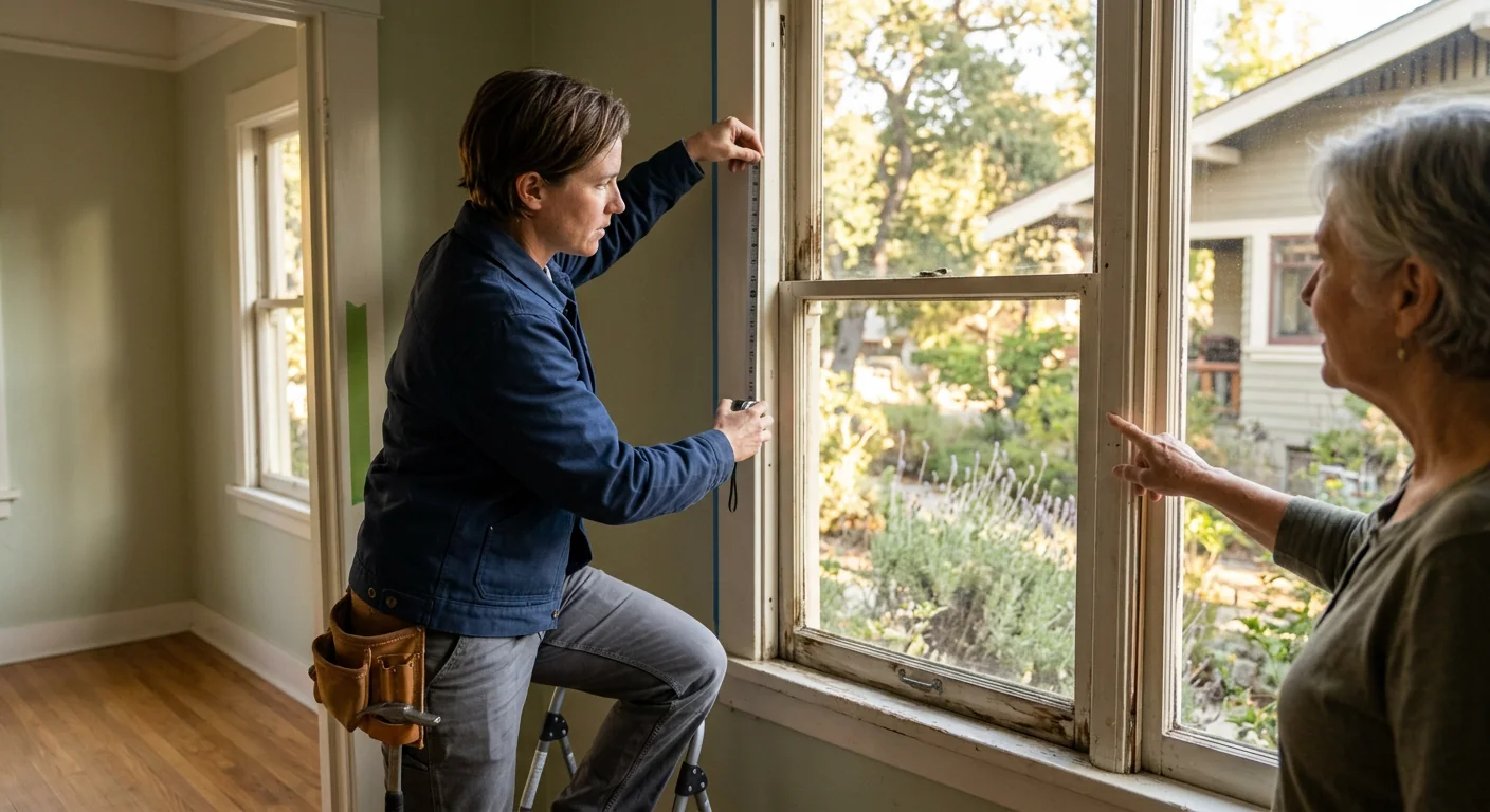 Technician measuring a window opening during an Altadena home assessment