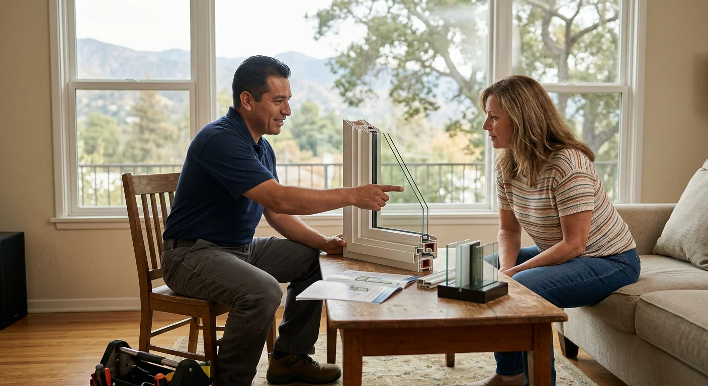 Homeowner reviewing energy efficient window options with a replacement specialist