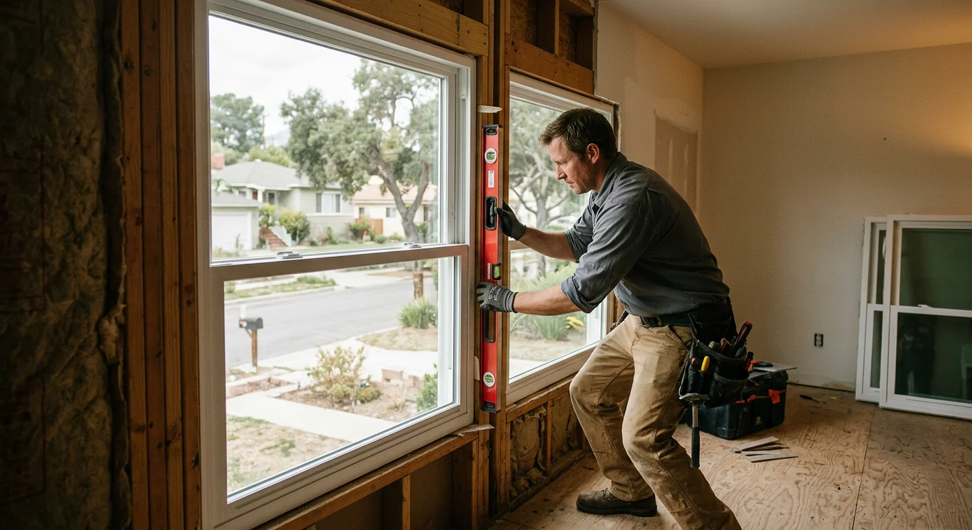 Installer setting a new double hung window level in a wall opening