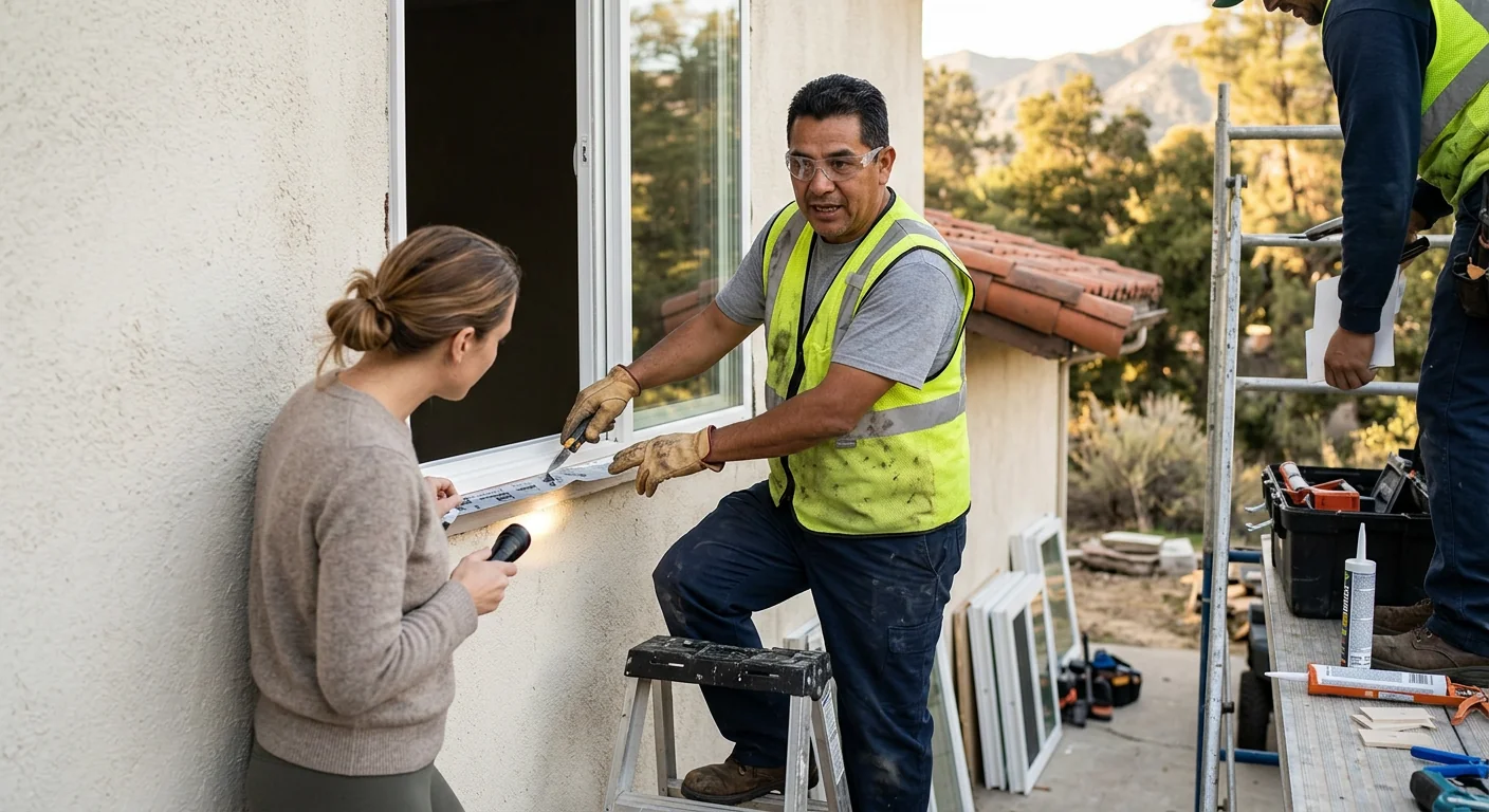 Window replacement technician measuring a frame inside an Altadena home